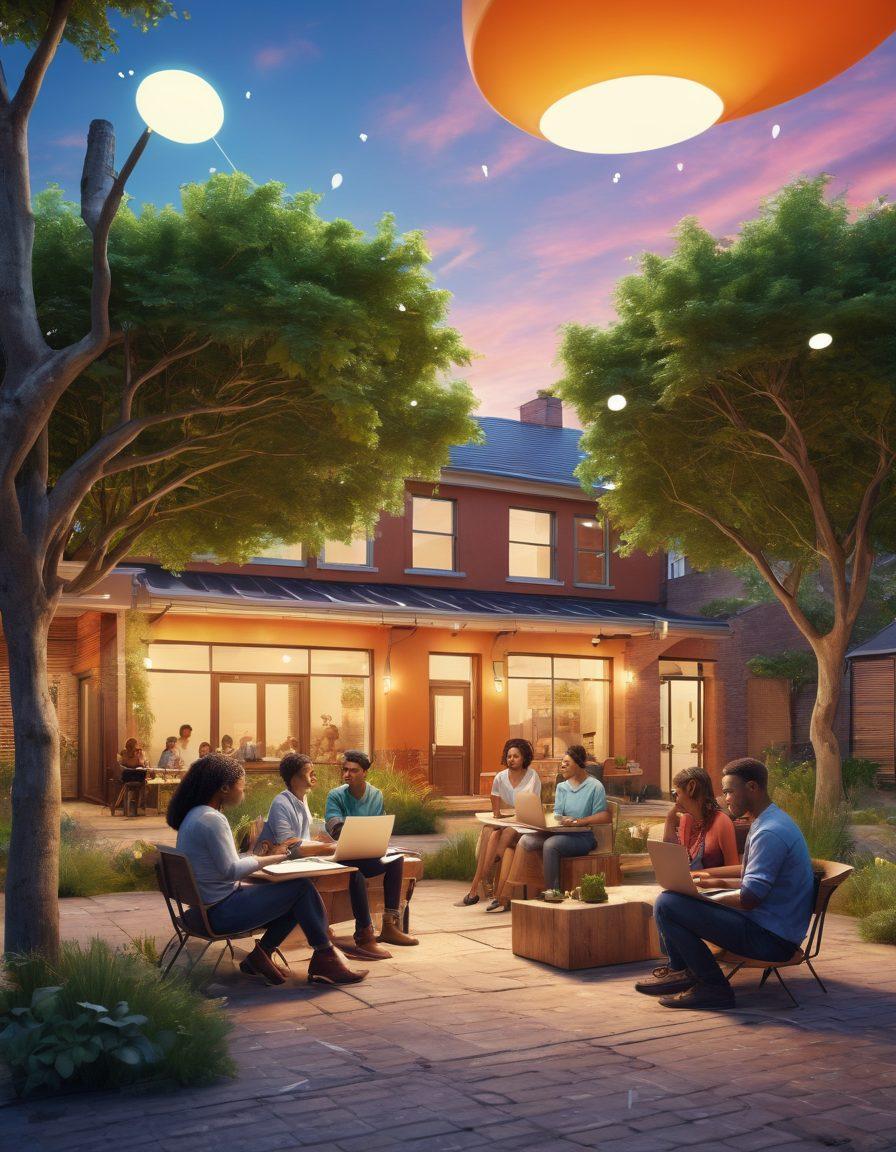 A vibrant community hub illustrating diverse individuals engaged in discussions, with laptops and notepads representing insightful articles. Incorporate visual elements like speech bubbles and lightbulbs to symbolize ideas and connections. The background shows a mix of nature and urban setting, highlighting collaboration in various environments. super-realistic. vibrant colors. 3D.