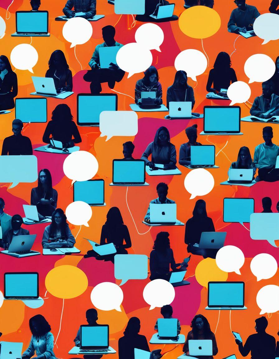 A vibrant digital collage showcasing a diverse group of people from different backgrounds sharing information through various tools such as laptops, tablets, and smartphones. Incorporate elements like chat bubbles, social media icons, and lightbulbs to symbolize ideas and knowledge exchange. Use warm colors to create an inviting atmosphere and include stylized depictions of an online community interacting. The background should be dynamic with soft gradients and abstract shapes. super-realistic. vibrant colors. 3D.