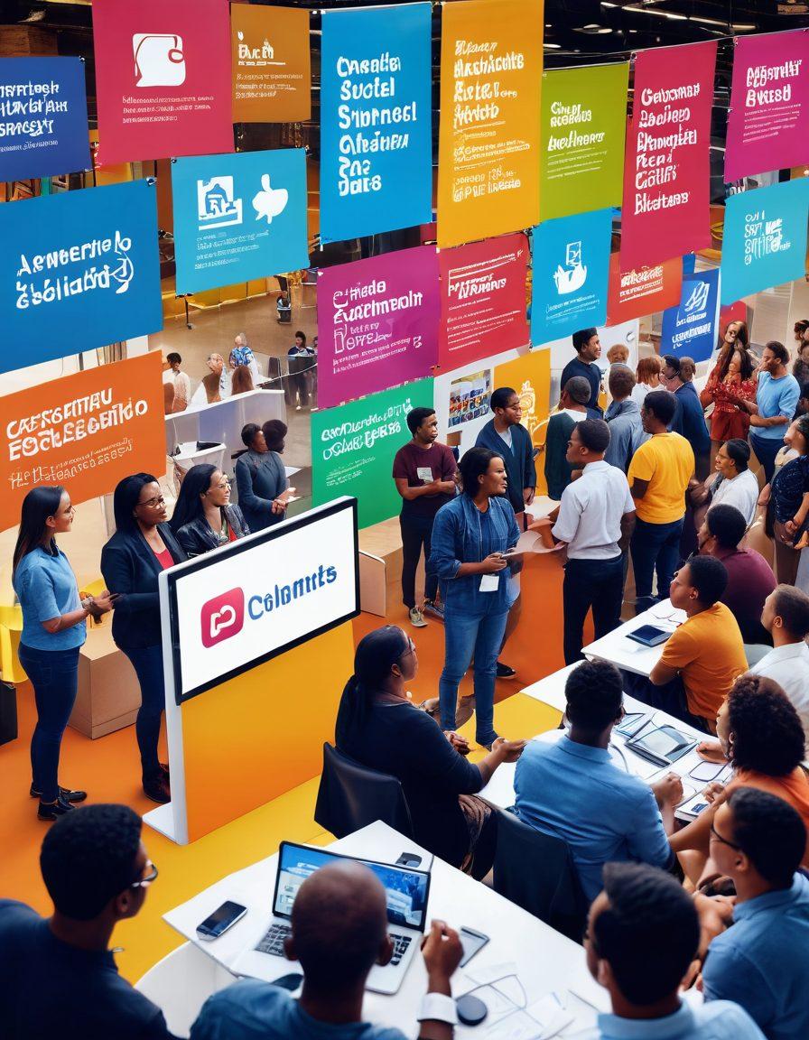 A diverse group of people engaged in lively discussions at a community event, surrounded by colorful banners and interactive displays, showcasing content creation tools. In the background, a digital screen displays information sharing in real-time, with vibrant illustrations of social media icons and community projects. The atmosphere is warm and inviting, promoting collaboration and engagement. super-realistic. vibrant colors. 3D.